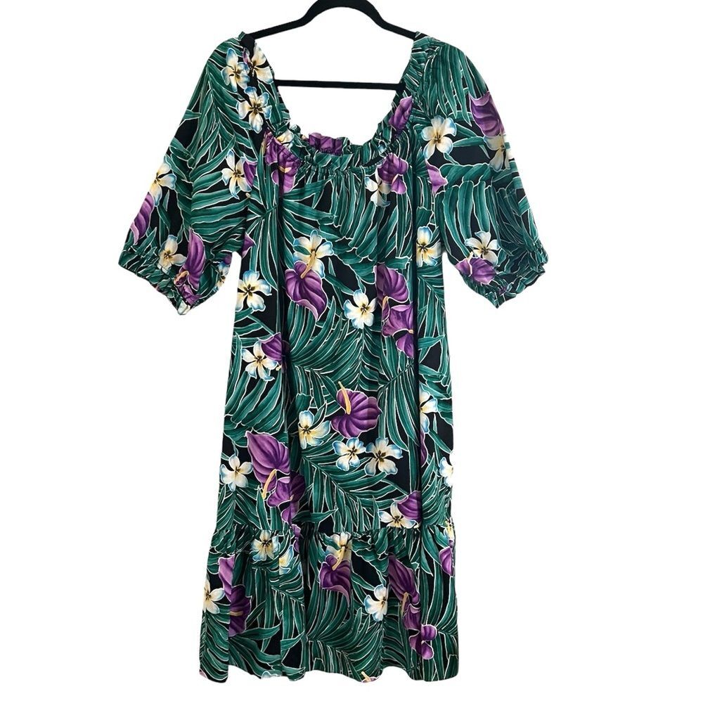 Vintage Hilo Hattie Hawaiian Print Midi Dress Green Purple Black Size XL